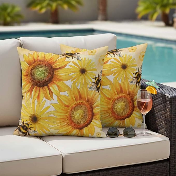 Outdoor Throw Pillow Covers,Farmhouse Sunflower Bee on Linen Waterproof Decorative Pillowcases Cushion Cover Retro Pastoral Yellow Flower Pillow Cases for Patio Couch Sofa Bed,24x42in Set of 2