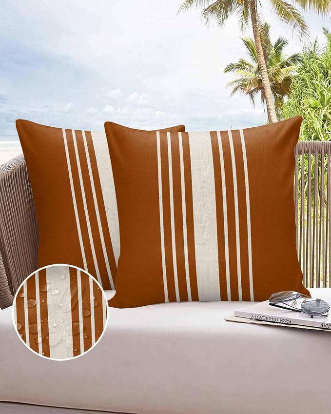 Vandarllin Outdoor Throw Pillows Covers 26x26 inch Set of 2 Waterproof Burnt Orange Vertical Stripes Decorative Zippered Cushion Covers for Patio Furniture, Classic Striped Linen Lumbar Pillowcases