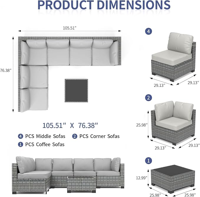 7 Piece Patio Furniture Set, All-Weather PE Wicker Sectional Sofa with Tempered Glass Coffee Table - Outdoor Conversation Set for Poolside, Garden, Porch in Grey + Light Grey