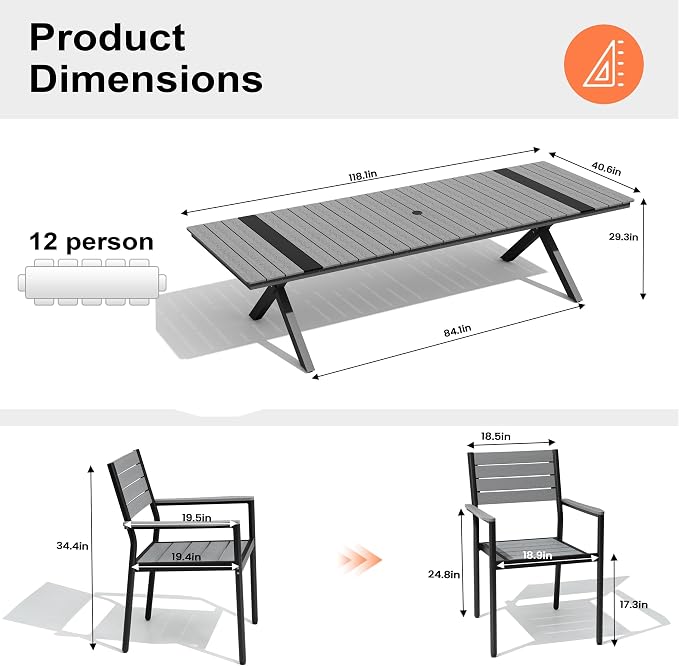 Pellebant 13 Piece Patio Table and Chairs Set for 12, Aluminum Outdoor Dining Set with Umbrella Hole, Stackable Dining Chairs & 118" Dining Table, Grey
