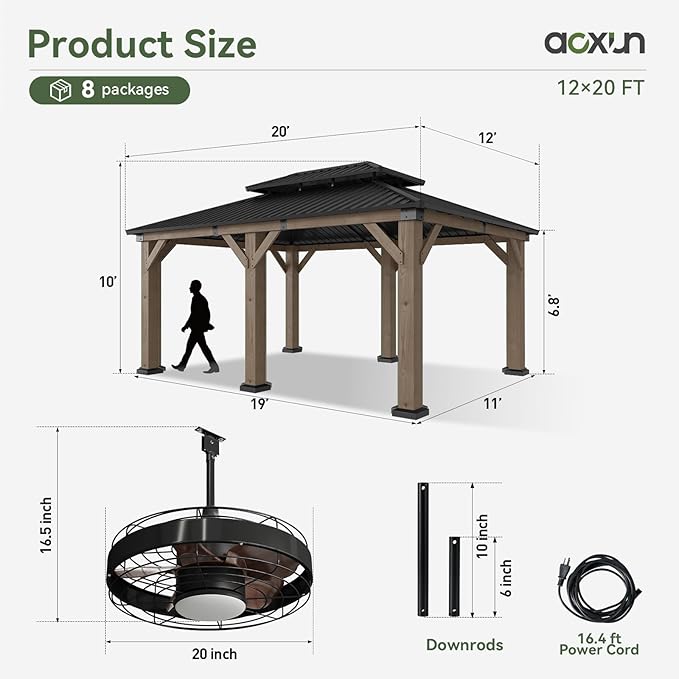 Aoxun 12' x 20' Outdoor Wood Gazebo, Hardtop Gazebo with Galvanized Steel Roof, Permanent Wooden Pavilion with Ceiling Fan, for Backyard, Cedar Wood, Grey