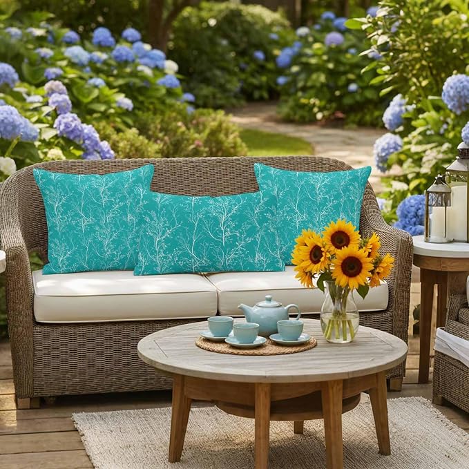 Turquoise Branches Waterproof Outdoor Pillow Covers Set of 2 Home Decor, Abstract Art Leaves Plant Pillowcase Patio Pillow Covers for Couch Bench Patio Furniture Garden 16x16in