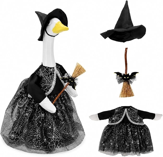 Halloween Porch Goose Outfits for 23'' Lawn Geese Statue, Witch Porch Goose Clothes with Black Spiderweb Dress Witch Hat Broom, Outdoor Garden Goose Costume Accessories for Halloween Patio Yard Decor