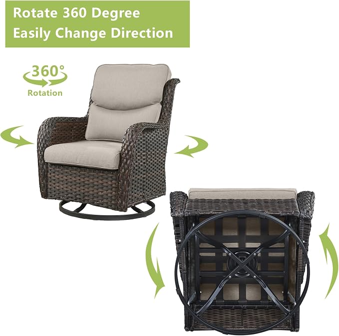 Rilyson Wicker Rocking Chair Swivel Chairs - 3 Piece Rocker Patio Furniture Set Rattan Rocking Bistro Sets with Glass Top Side Table for Outdoor Porch Deck Garden Backyard (Brown/Beige/Smile)