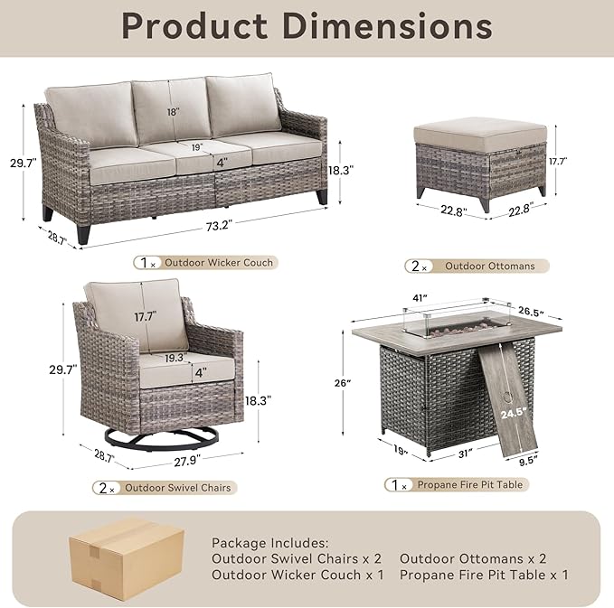 Patio Furniture Set with 42.5" Fire Pit Table-6 Pieces All Weather Wicker Outdoor Furniture with High Back Swivel Patio Chairs Set of 2 Outdoor Patio Conversation Sets for Deck Backyard Beige/Gray