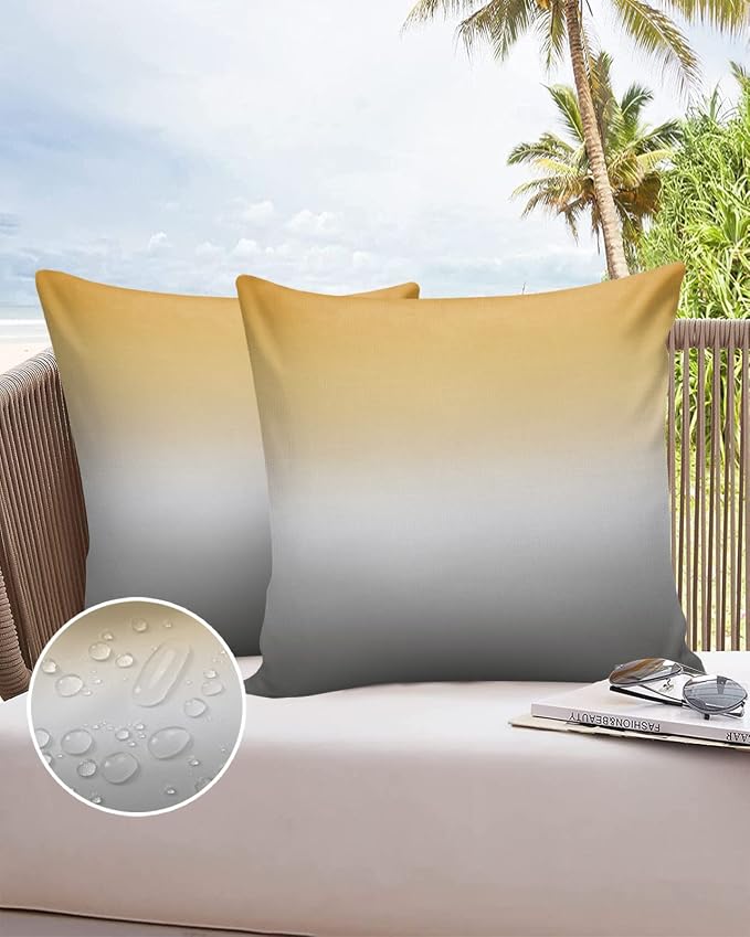 Outdoor Waterproof Throw Pillow Covers Set of 2 Yellow and Grey Ombre Pillowcases 26x26 Inches Gradient Color Patio Decorative Pillows Cushion Case Patio Pillows for Couch Bed Chair Garden