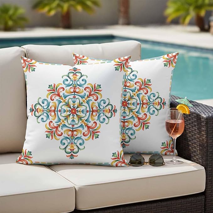 Geometric Flowers Outdoor Pillow Covers 16x16 Inch Throw Pillow Covers Set of 2 Waterproof Decorative Pillow Cases Modern Abstract Colorful Floral Cushion Covers for Patio Furniture Garden Couch Sofa
