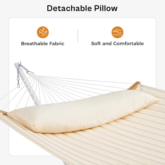 SUPERJARE Hammock with Stand, 2 Person Heavy Duty Hammock with Padded Cotton, Detachable Pillow & Strong Curved-Bar & Portable Carrying Bag, Perfect for Outdoor & Indoor, Beige