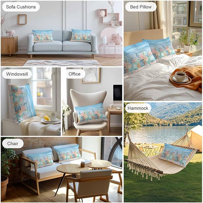 Lumbar Pillow Covers 20x12 Inch Set of 2, Summer Nautical Waterproof Outdoor Pillow Covers, Coastal Beach Starfish Coral Shell Blue Decorative Cushion Pillowcases for Couch, Sofa, Bed, Garden, Patio