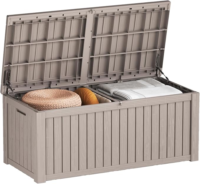 Outdoor Storage Box 180GAL Waterproof Resin Deck Box,UV-Resistant Lockable Package Delivery Bin for Garden Tools,Large Patio Outside Cushions,Pool Accessories Supplies,Chest,Light Coffee