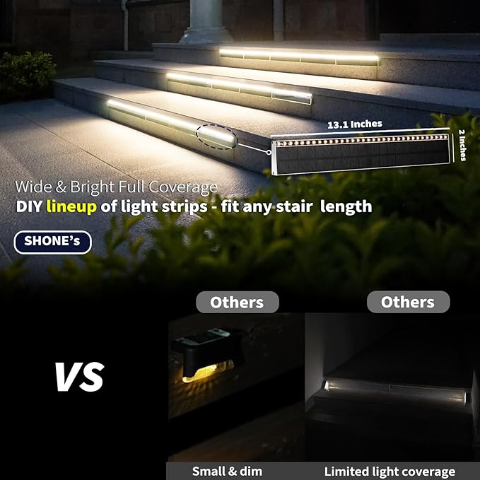 SHONELIGHTING Solar Step Lights for Outside, 33 Focused-Beam High-Brightness LEDs, Waterproof Aluminum Outdoor Stair Light for Risers, Curbsides, Poolsides, Planter Edges (Warm White, 2Pack)