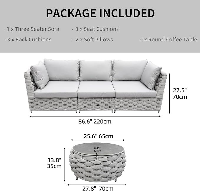 Khaki Gray 3-Seat Modular Outdoor Sofa Set with Round Coffee Table, All Weather Woven Rope Patio Sectional Couch with Cushions for Backyard Balcony Deck