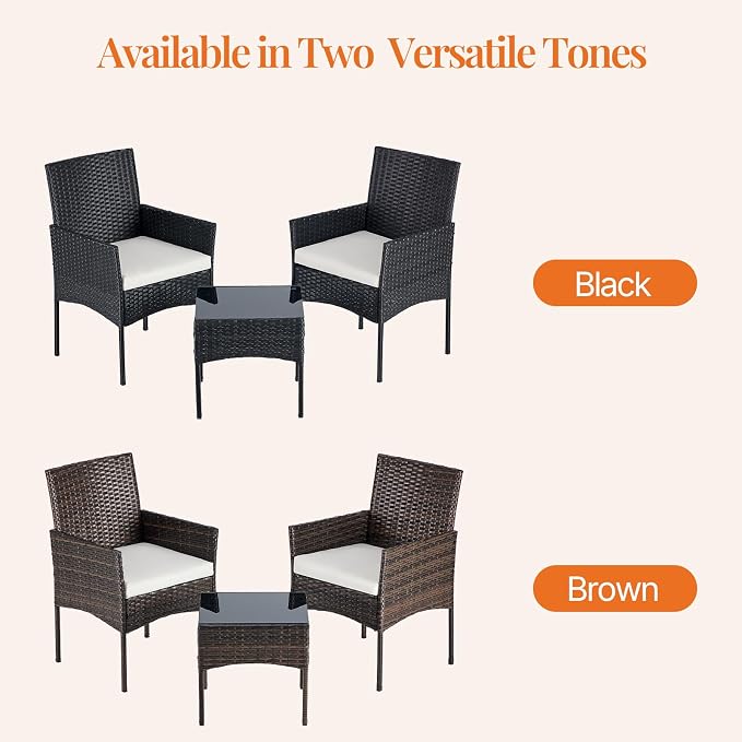 Sweetcrispy 3 Piece Patio Furniture Set, All-Weather Outdoor Conversation Set with Removable Cushions & Tempered Glass Table, Small Bistro Set for Balcony, Porch, Backyard, Deck, Black