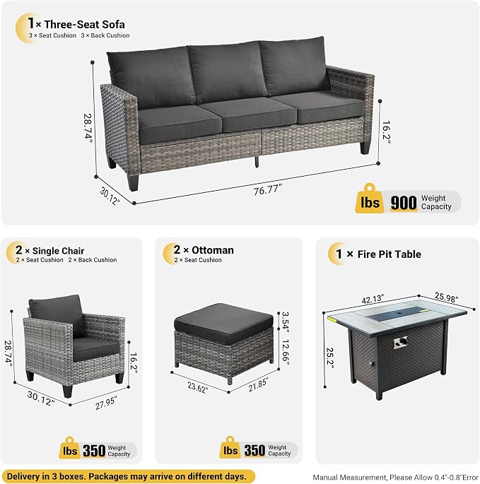 ovios 6 Pieces Patio Furniture Set with Fire Pit Table, Outdoor Wicker 3-Seat Sofa with Comfy Cushion, High Back Rattan Conversation Set for Deck Porch, Black