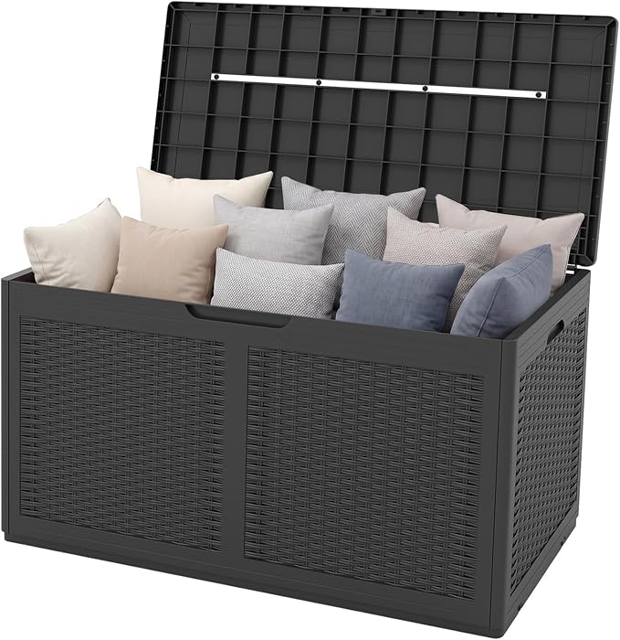 HAPPYGRILL 100 Gallon Resin Deck Box Outdoor Waterproof Storage with Lockable Lid, Rattan Texture Storage Container with Wheels for Pool Accessories, Garden Tool, Patio Furniture Cushion (Grey)