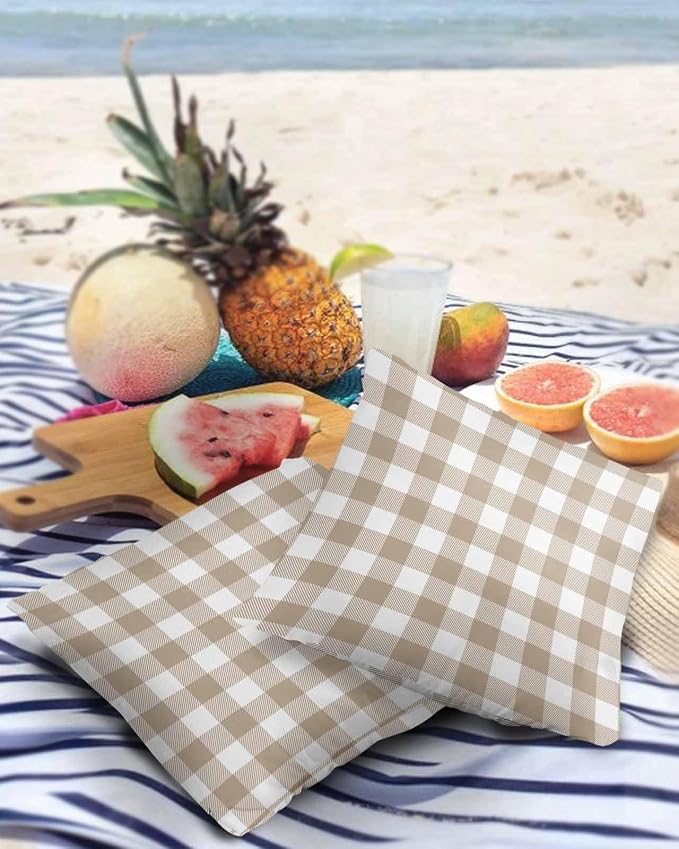 Outdoor Waterproof Throw Pillow Covers Set of 2 Khaki Buffalo Check Plaid Pillowcases 16x16 Inches Farmhouse Style Patio Decorative Pillows Cushion Case Patio Pillows for Couch Bed Chair Garden