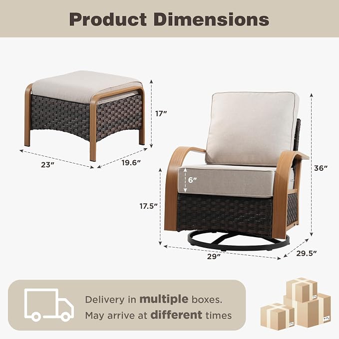 Belord 4 Piece Patio Furniture Set with 6-Inch Thick Cushions, Outdoor Swivel Chairs Set with Ottomans,Wicker Rocker Patio Chairs, All-Weather Wicker Conversation Set for Garden Porch, Wood & Beige