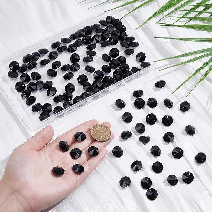 120Pcs Black 14mm Octagonal Crystal Beads 2 Holes Prism Beads Bulk Faceted Chandelier Parts Replacement Hanging Pendants Connector Suncatcher Spacers for DIY Lamp Hanging Ornament Jewelry