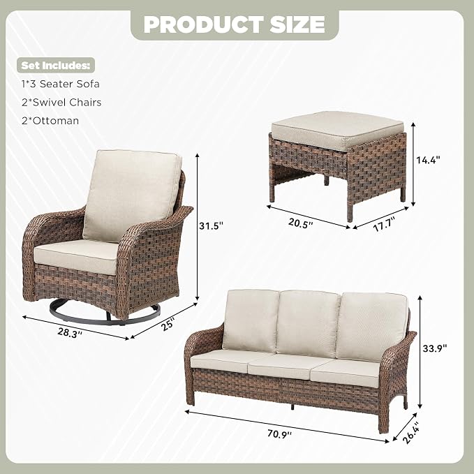 5 PCS Patio Furniture Set, Outdoor Wicker Sofa & 2 Swivel Rocking Chairs with 2 Ottomans, 4-Inch Thick Olefin Cushions, 300 lbs Capacity Rattan Conversation Set for Porch, Backyard, Beige