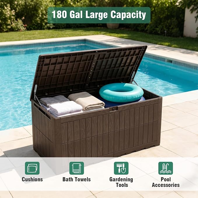Tangkula 180 Gallon Outdoor Storage Box, Waterproof PP Resin Patio Storage Box with Lockable Lid for Indoor & Outdoor Use, 2-in-1 Rattan Design Deck Box for Cushions, Garden Tools