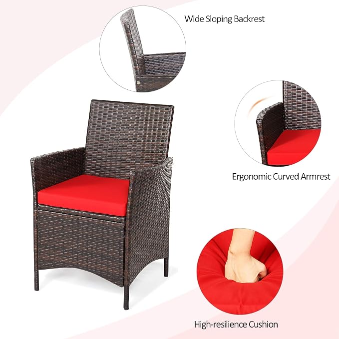 COSTWAY 3 Pieces Patio Rattan Furniture Set, Outdoor Wicker Cushioned Sofa with Tempered Glass Tabletop, Rattan Conversation Set for Porch Yard Balcony Backyard Pool, Red