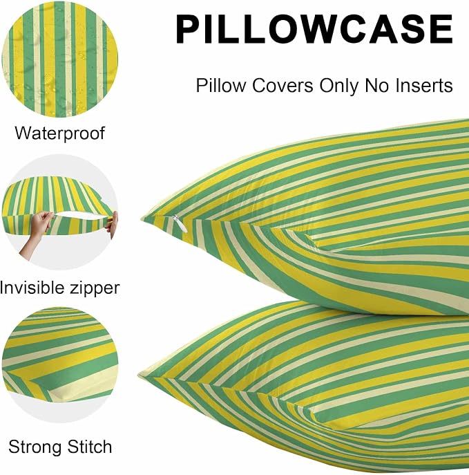 Lemon Green Yellow Outdoor Pillow Covers 24x24 Inch Throw Pillow Covers Set of 2 Waterproof Decorative Pillow Cases Summer Modern Farmhouse Striped Cushion Covers for Patio Furniture Garden Couch Sofa