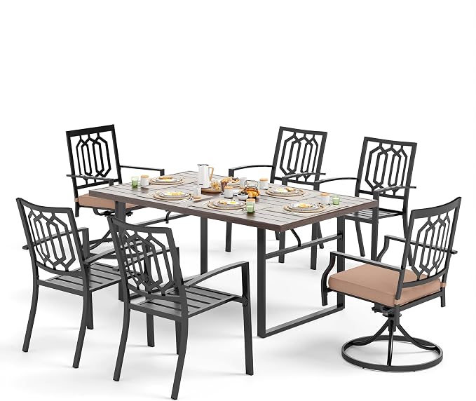 SUNSHINE VALLEY Patio Dining Set,Wood-Like Metal Table w/Umbrella Hole | 64x38 Table&6 Pcs Rust-Proof Stackable Chairs, Outdoor Table and Chairs Set for Backyard Garden Deck