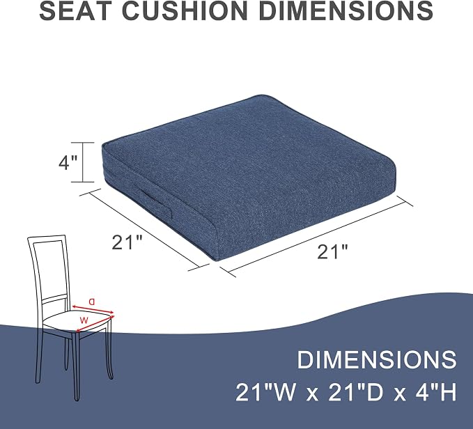 Aoodor Patio Chair Cushions Set of 2, 21 x 21 x 4 Inch Water Resistant Outdoor Seat Cushions with Handle and Ties, Square Corner Cushions for Patio Furniture Garden Lawn, Navy Blue