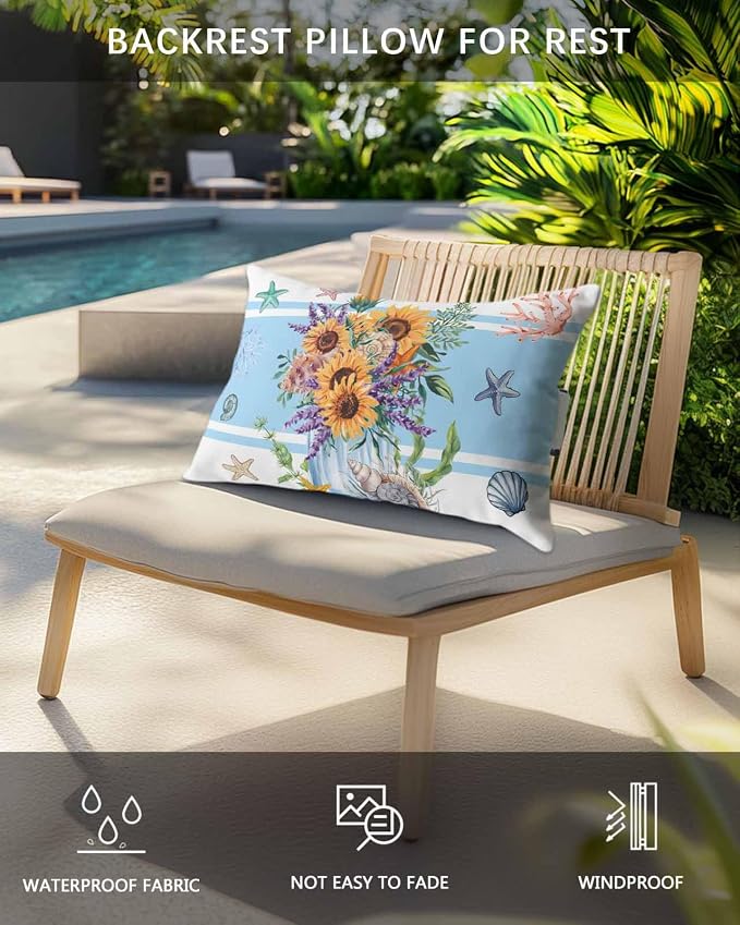 Pack of 2 Outdoor Lumbar Cushions Pillows, Summer Sunflower Blue Stripe Starfish Shell Ocean Flower Waterproof Fluffy Fade Body Pillows, Patio Furniture Pillow for Home Balcony Garden Decor 11x16IN