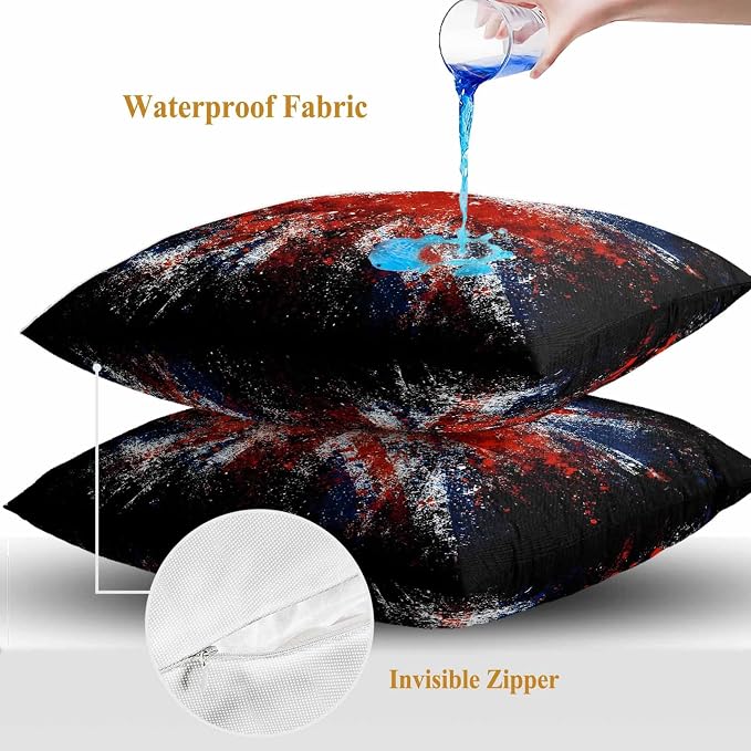 4th of July Outdoor Throw Pillows Covers 18x18 inch Set of 2 Waterproof British Flag Decorative Zippered Cushion Covers for Patio Furniture, Retro National Flag Independence Day Lumbar Pillowcases