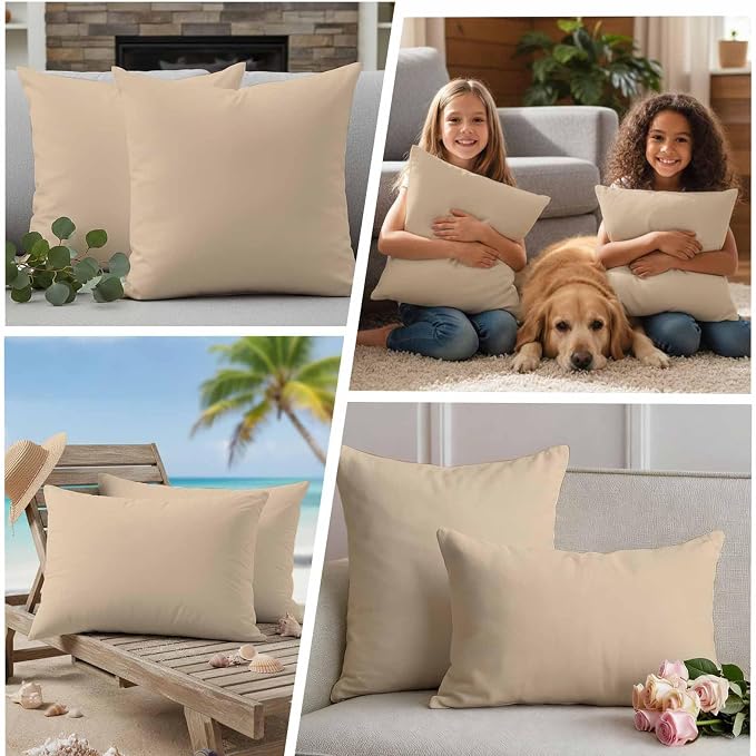 Outdoor Pillow Covers 26 x 26 Inches, Khaki Solid Color Waterproof Throw Pillow Cover Set of 2, Aesthetics Contemporary Luxury Decorative Square Cushion Covers for Patio/Couch/Garden