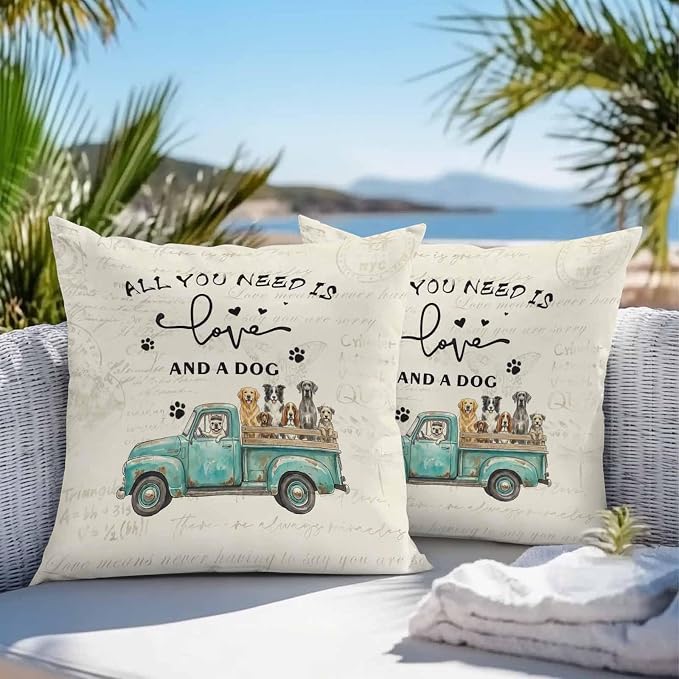 Cartoon Animal Outdoor Pillow Covers Set of 2, Vintage Teal Truck with Pet Dog Puppy Decorative Waterproof Throw Pillowcase Retro Beige Cotton Linen Soft Cozy Cushion Cover Pillowsham 16x16In