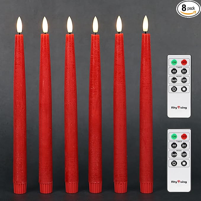 Rhytsing 29cm Flameless Taper Candles with Timer, Battery Operated Dinner Table Long Candlestick Rustic Wax, Warm White LED, 2 Remotes Included - Set of 6 (Red)