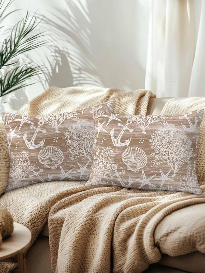 Outdoor Waterproof Throw Pillows 12x20in, Summer Anchor Starfish Coral Shell Patio Pillows Pack of 2,Decorative Pillow Covers with Insert,Pillow Cushion Case Nautical Ocean Creature