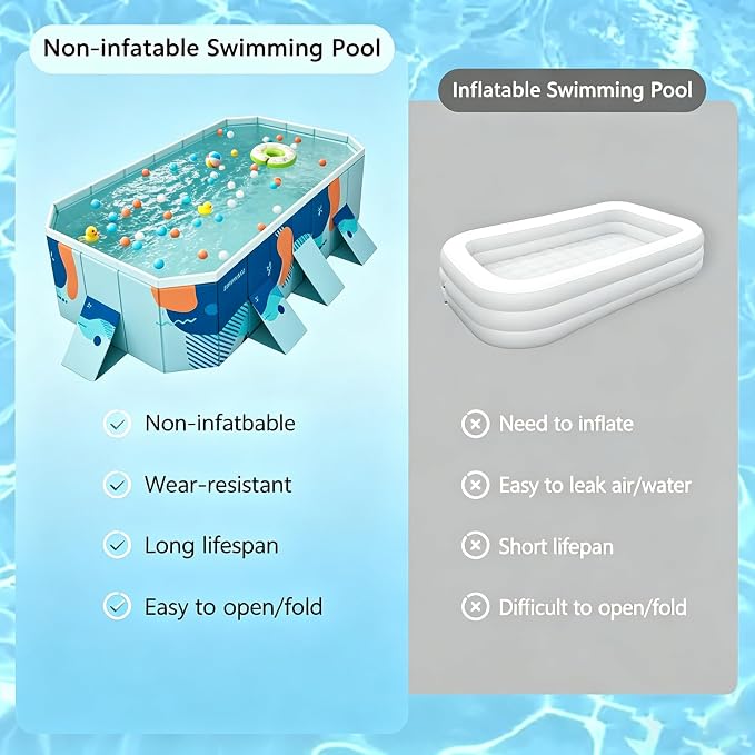 Foldable Swimming Pool, Rectangular Above Ground Swimming Pool for Outdoor Family Square Pool with Drain Plug and Drain Hole, Easy to Assemble Pool for Kids, Pets and Dogs(116" L x 65" W)