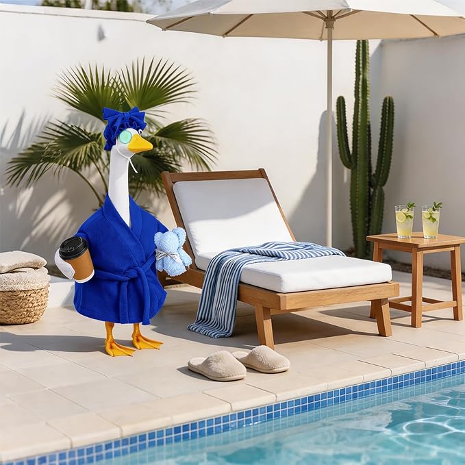 Celltestria Lady Goose Outfits for 23" Geese Blue Bathrobe Porch Goose Costume Coffee Cup Bear Cucumber Eye Mask Goose Clothes for Outdoor Patio Yard Lawn Garden Decoration