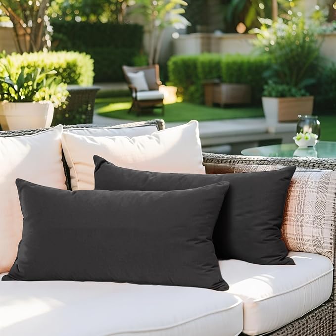 SK Studio Outdoor Water Resistant Throw Pillows, Decorative Patio Lumbar Cushions, Fluffy Furniture Garden Cushions for Home Patio Coach Sofa Use, Pack of 2, Dark Grey, 18x18 Inch