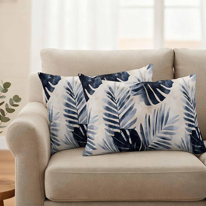 Pack of 2 Waterproof Outdoor Pillow Covers 20x12 Inch Decorative Pillow Covers Navy Blue Palm Leaves Throw Pillowcases Tropical Botanical Retro Outdoor Cushion Cover for Couch, Patio, Tent