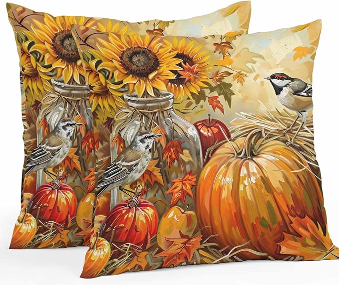 Fall Pumpkins Outdoor Pillow Covers 26x26 Inch Throw Pillow Covers Set of 2 Waterproof Decorative Pillow Cases Sunflowers Birds Thanksgiving Oil Painting Cushion Covers for Patio Furniture Garden
