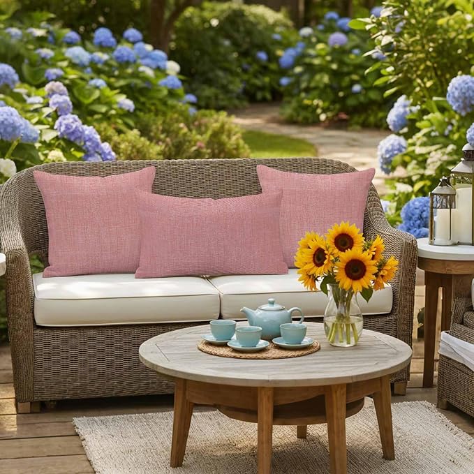 Outdoor Waterproof Throw Pillow Covers Set of 2 Peach Pink Linen Pillowcases 18x18 Inches Farmhouse Pure Color Decorative Pillows Cushion Case Patio Pillows for Couch Bed Chair Garden