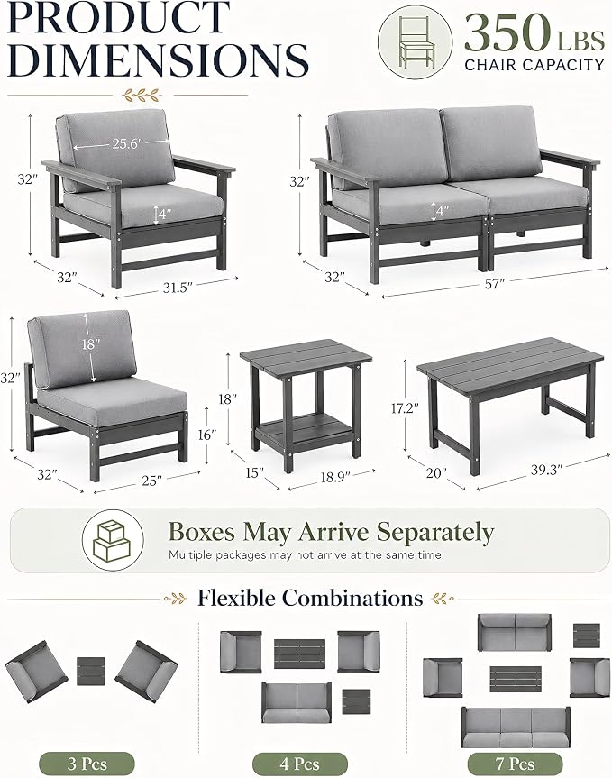 HDPE Outdoor Loveseat Patio Furniture Set with Cushions, 3 Piece Patio Conversation Set Sofa Set,All Weather Outdoor Couch Set with Coffee Table for Lawn, Garden, Deck