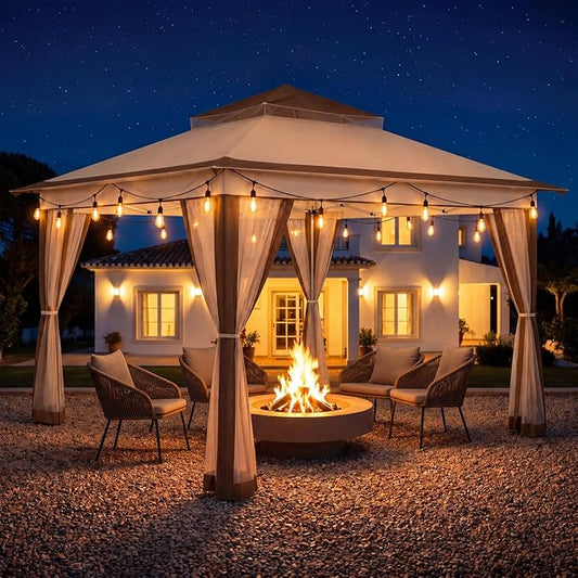 LAUSAINT HOME 11x11 Pop Up Gazebo with 50FT String Lights, Mosquito Netting, Instant One-Push Setup, Adjustable Height Outdoor Canopy Tent Shelter with Carry Bag for Patio, Backyard, Camping, Khaki