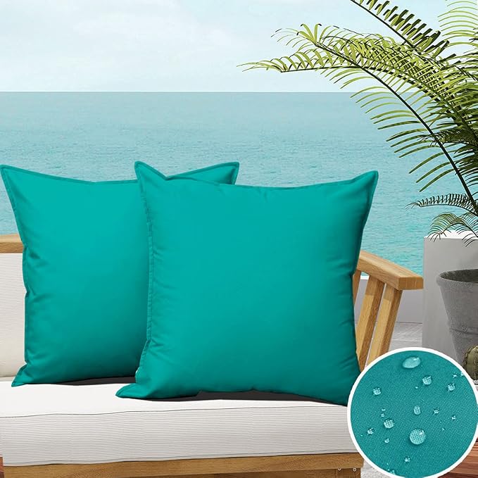 Outdoor Waterproof Throw Pillow Covers Durable Vibrant Decorative Outdoor Pillows Cushion Case Pillow Shell for Patio Couch, Tent, Sunbrella 20"x20", Teal, Pack of 2
