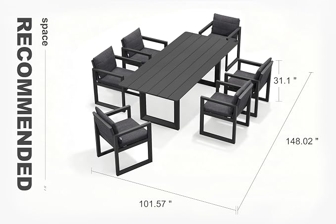 PURPLE LEAF Outdoor Dining Set for 6 Aluminum Luxury Patio Furniture Table and Chairs Set with Removable Thick Cushion Rectangular Patio Dining Sets for Small Backyard Garden Porch Deck, Grey