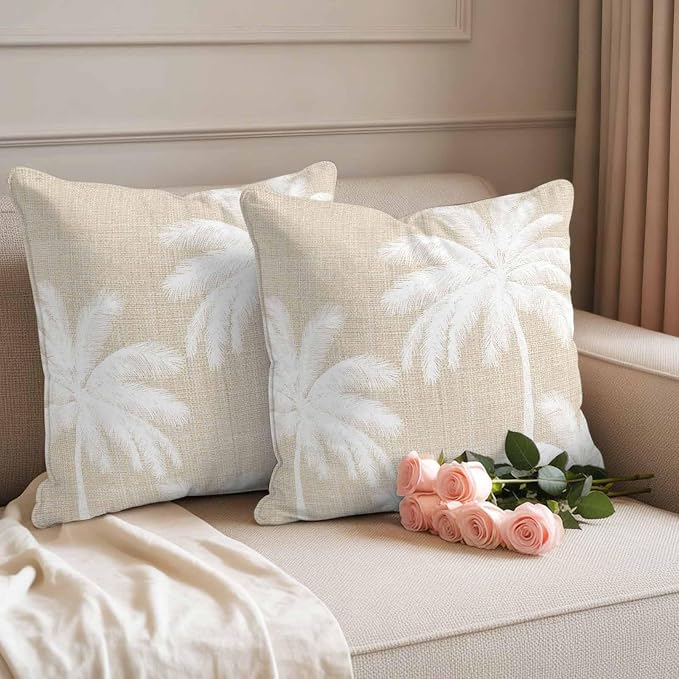 Outdoor Pillow Covers 18x18 Inch Set of 2, Beige Palm Trees Waterproof Throw Pillow Covers, Farmhouse Tropical Summer Beach Decorative Cushion Pillowcases for Couch, Sofa, Bed, Garden, Patio