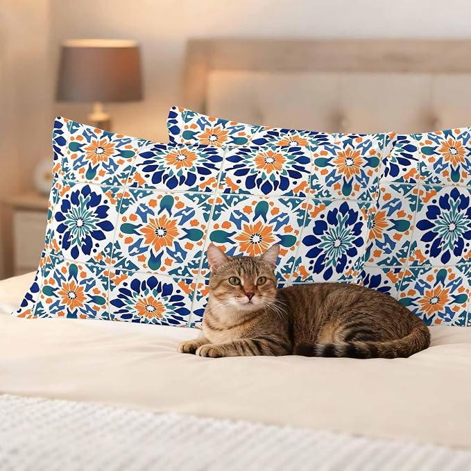 Retro Abstract Geometric Outdoor Pillow Covers Set of 2 Orange Blue Floral Texture Waterproof Throw Pillow Cover Decorative Cushion Cases for Patio Porch Garden 20X12 Inch