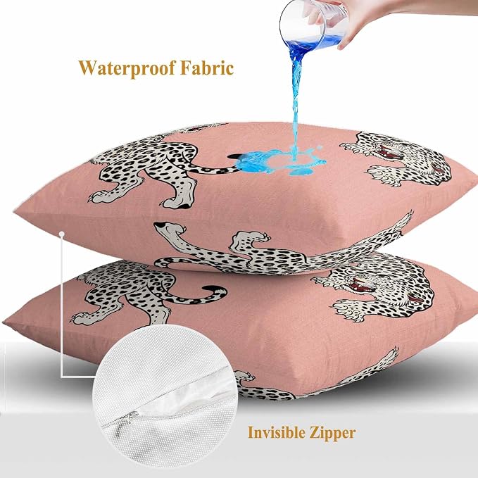 Vandarllin Outdoor Throw Pillows Covers 24x24 inch Set of 2 Waterproof Pink Leopard Decorative Zippered Cushion Covers for Patio Furniture, Bohemian Animal Print Lumbar Pillowcases