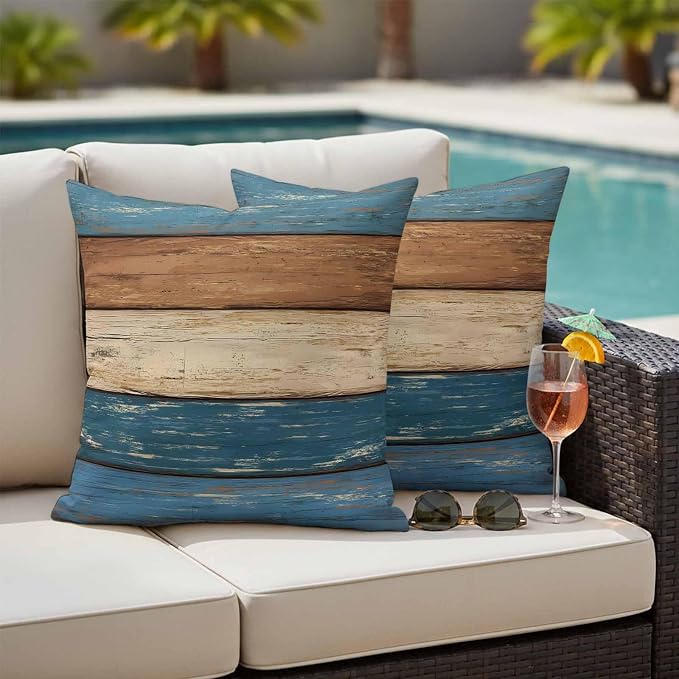 Farmhouse Navy Blue Brown Outdoor Waterproof Pillow Covers, Vintage Wooden Striped Decorative Square Throw Pillowcase Sofa Cushion Sham for Patio/Couch/Chair, 16"x16" 2 Pack