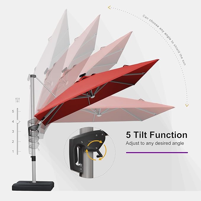 PURPLE LEAF 9 Feet Patio Umbrella with Lights Outdoor Square Cantilever Umbrella Solar Powered LED with 360-degree Rotation for Garden Deck Pool Patio, Brick Red