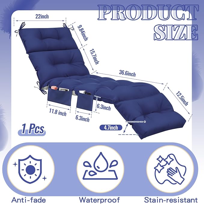 Kigley 2 Pcs Outdoor Chaise Lounge Cushions with 3 Side Pocket 74.5 x 22 x 4.7 Inch Patio Chaise Lounge Cushion, Water-Repellent and Fade-Resistant Tufted Summer Replacement(Navy Blue)